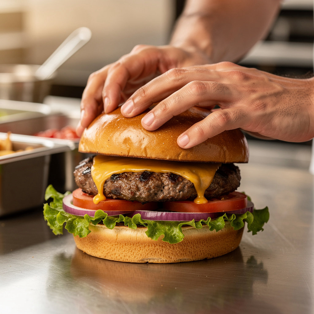 Burger Express team preparing fresh ingredients with care in our Santa Barbara kitchen